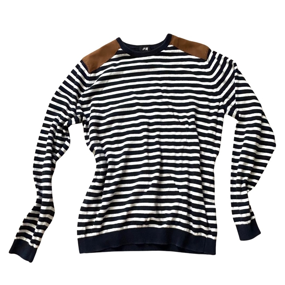 H&M navy blue & white striped sweater with brown suede shoulders S small